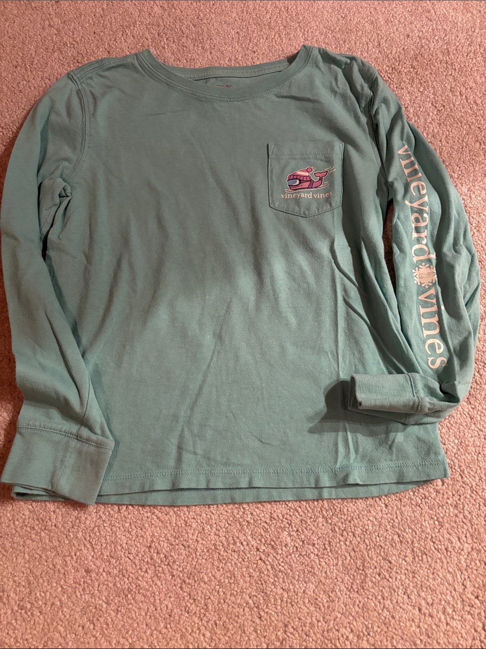Vineyard Vines Long-Sleeve Pocket Tee in Seafoam Green with Pink Logo
